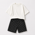 white tee and squared patterned shorts set