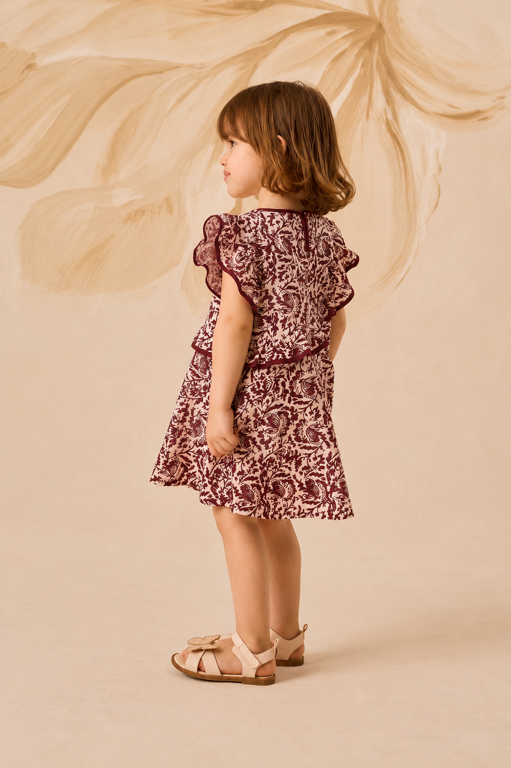 Burgundy Patterned Ruffle Dress