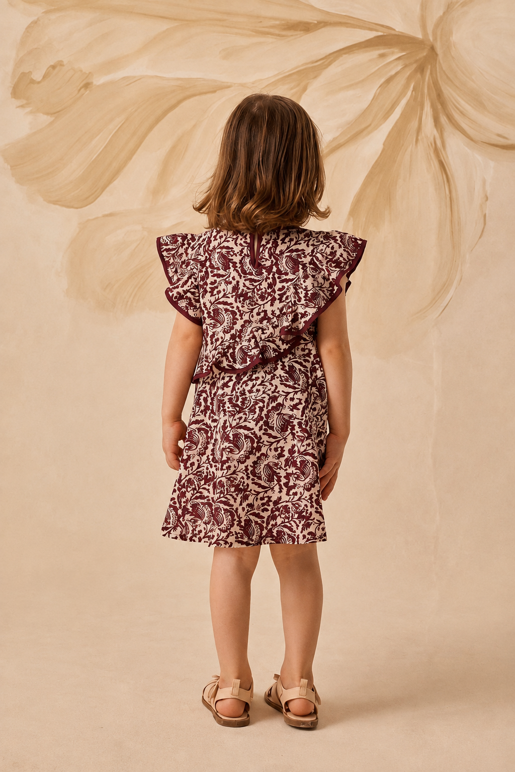 Burgundy Patterned Ruffle Dress