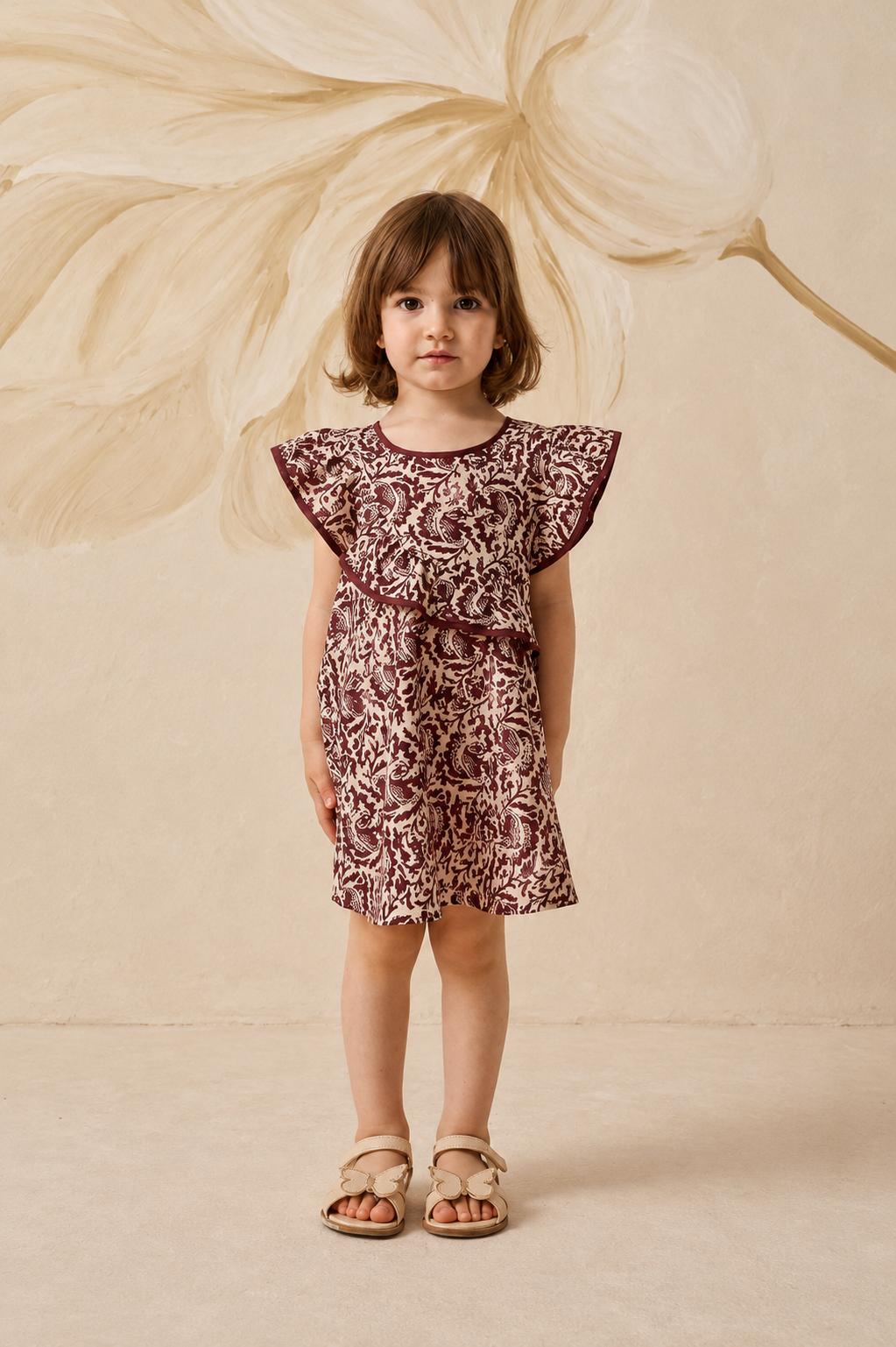 Burgundy Patterned Ruffle Dress