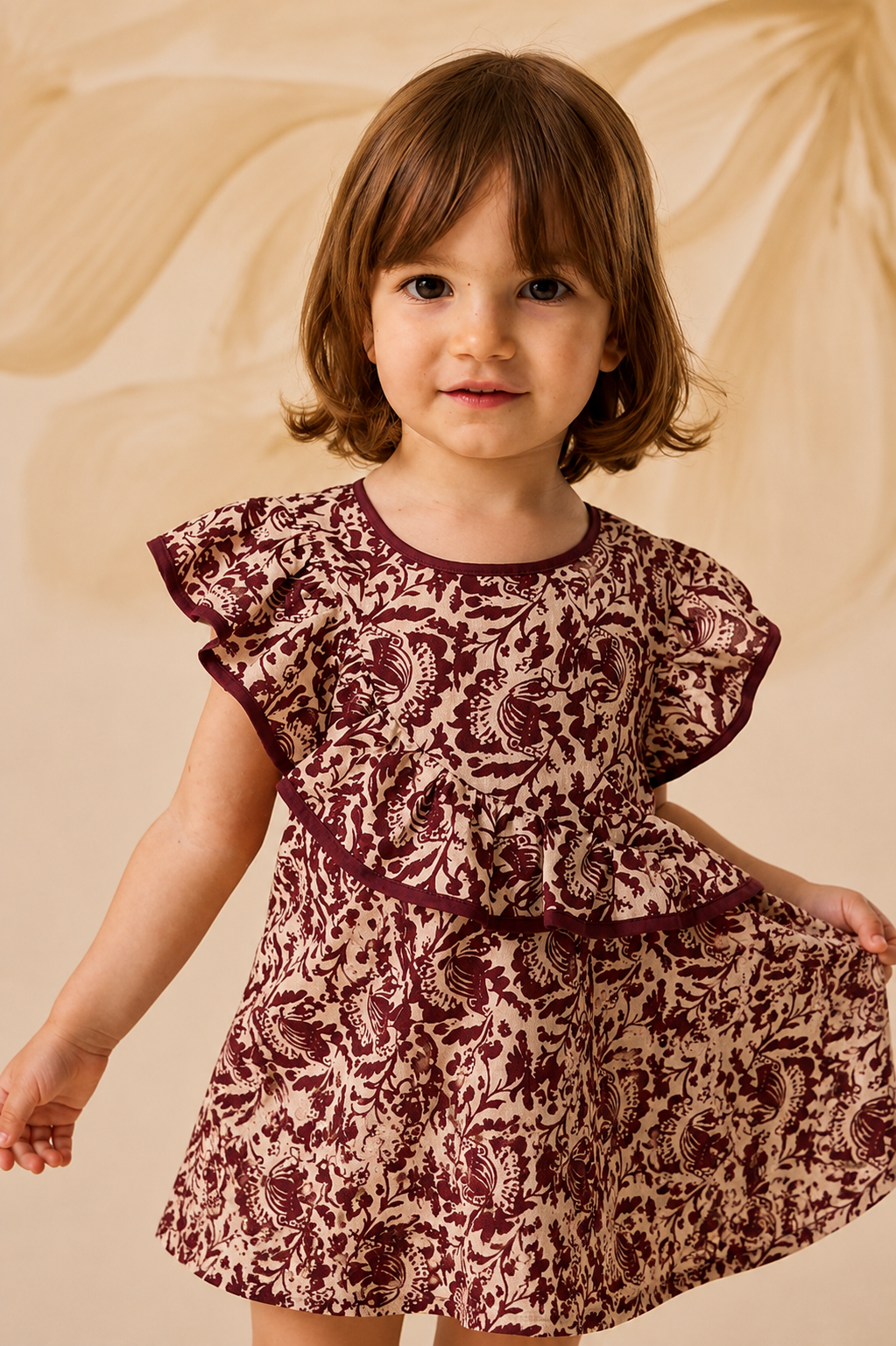 Burgundy Patterned Ruffle Dress
