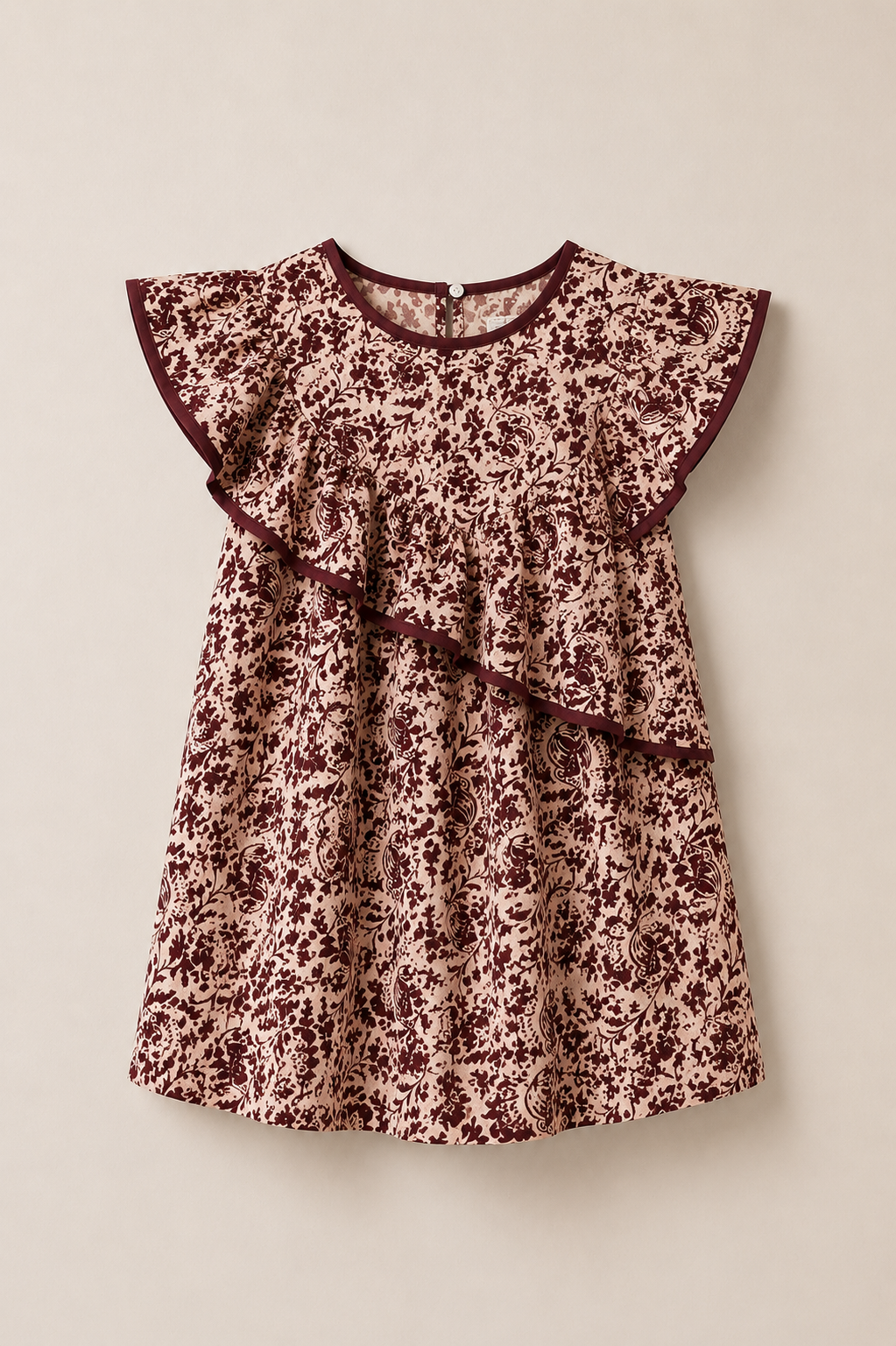 Burgundy Patterned Ruffle Dress